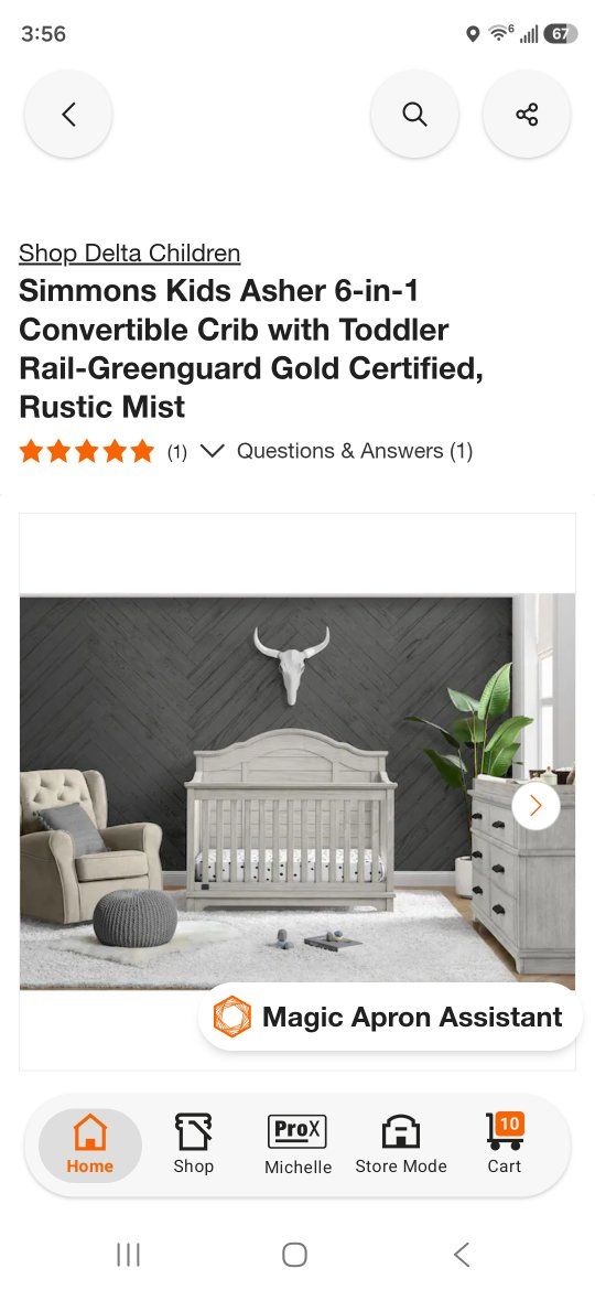 Simmons Kids Asher 6-in-1 Convertible Crib with Toddler Rail - Rustic Mist. New in box but nickel size damage on headboard