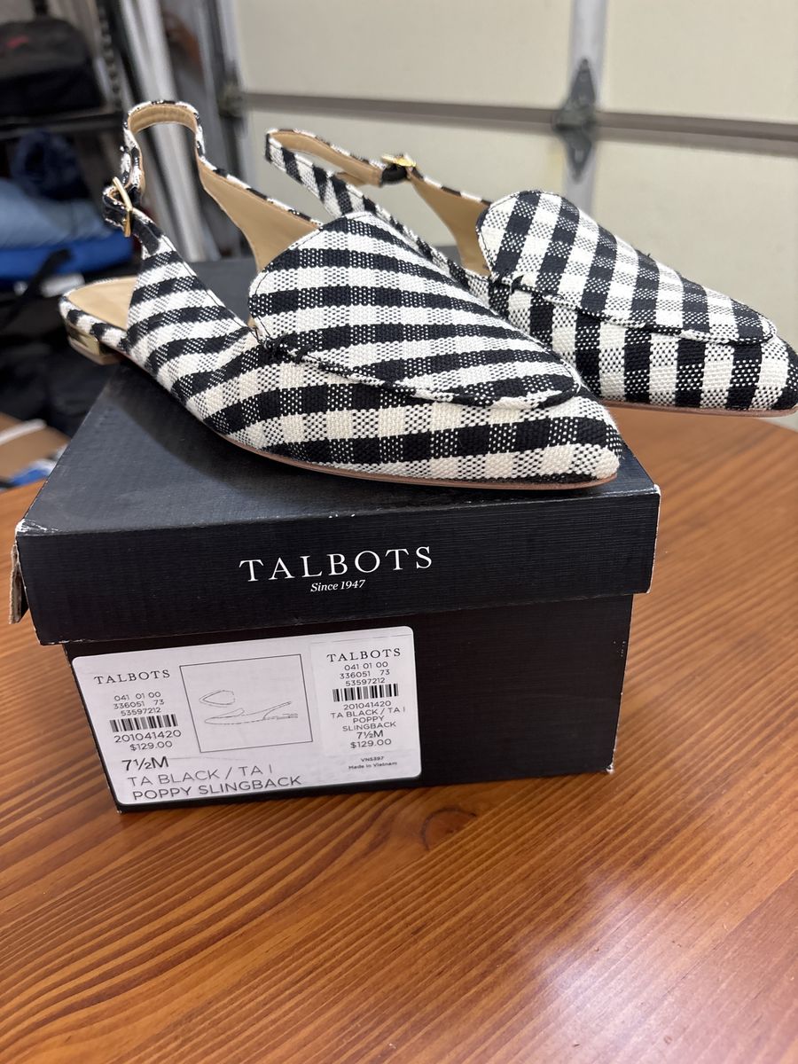 Talbots Poppy Slingback Flats - Black/White Gingham Check, Size 7.5M - New with Box