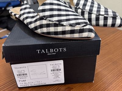 Talbots Poppy Slingback Flats - Black/White Gingham Check, Size 7.5M - New with Box