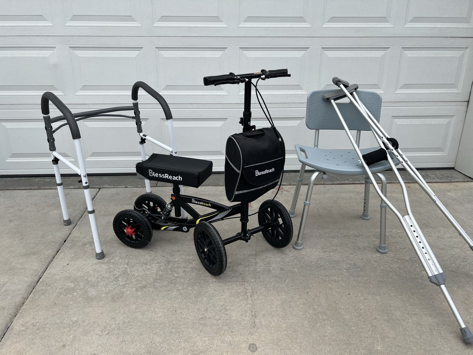 BlessReach Knee Scooter, Walker, Shower Chair, and Crutches Mobility Bundle