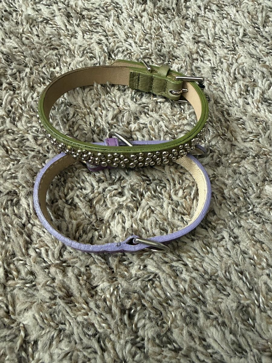 2 dog neck collars purple lilac and army green wit