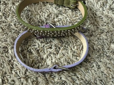 2 dog neck collars purple lilac and army green wit