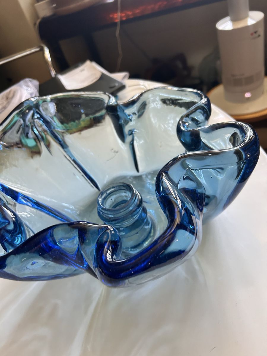 One of a Kind Blue Glass Sparkletts "Walter Bottle" Melted Art Bowl