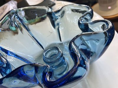 One of a Kind Blue Glass Sparkletts "Walter Bottle" Melted Art Bowl