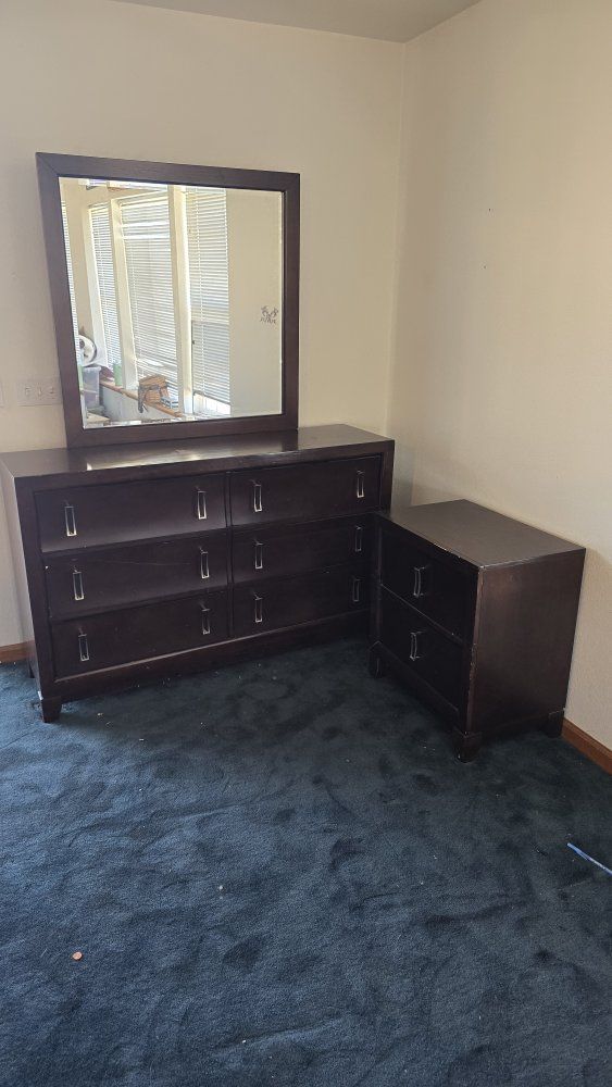 Dark Wood Dresser with Mirror & Matching Nightstand - 6-Drawer Dresser, 2-Drawer Nightstand