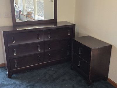Dark Wood Dresser with Mirror & Matching Nightstand - 6-Drawer Dresser, 2-Drawer Nightstand