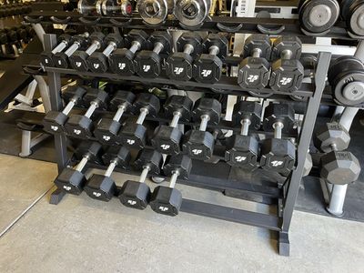 NEW! $3000 Commercial Urethane Dumbbell Set & Rack