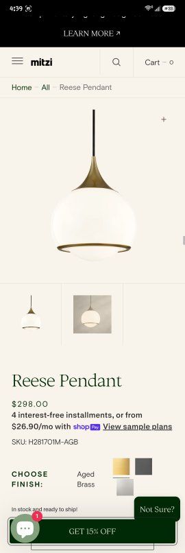 Brand NEW! 
Mitzi H281701L-AGB Reese Pendant Light - Aged Brass Finish, Opaque Glass Shade