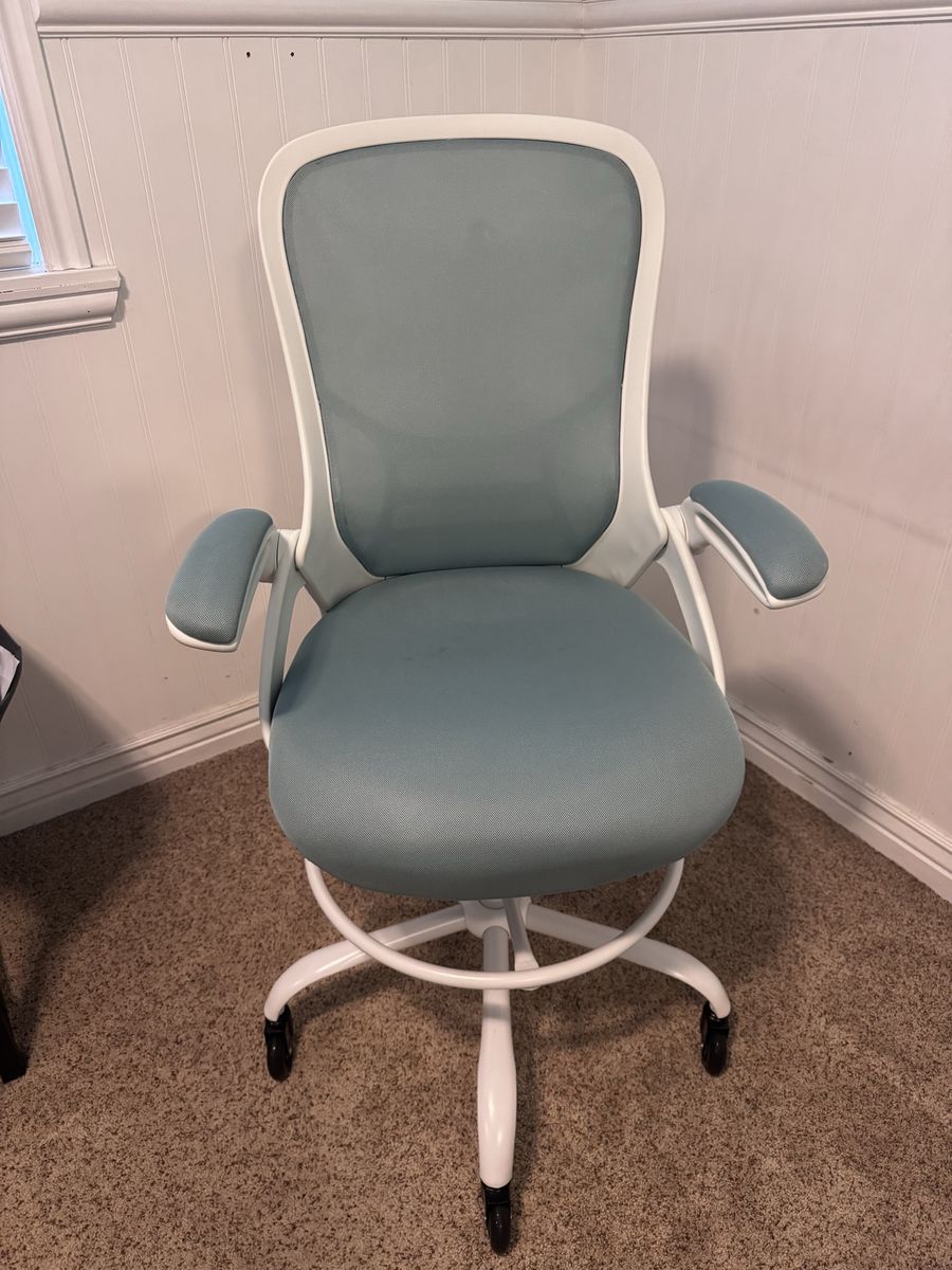 Ergonomic Drafting Chair with White Frame and Blue Mesh Seat and Back - can be counter or bar height