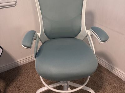 Ergonomic Drafting Chair with White Frame and Blue Mesh Seat and Back - can be counter or bar height