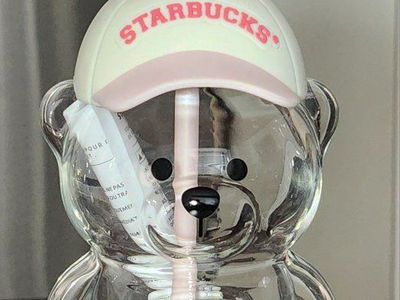 Starbucks Bearista Bear Tumbler Glass Cup with Strawberry Lid & Straw - New