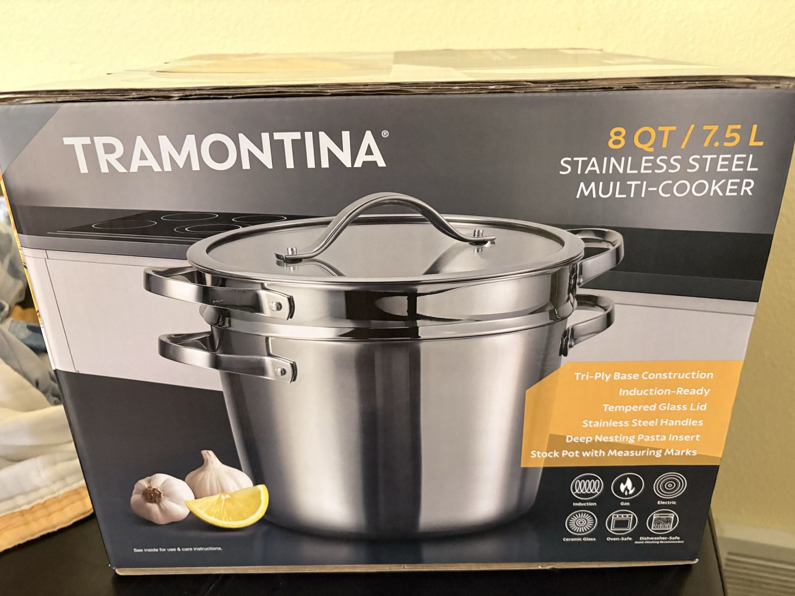 Tramontina 8-Quart Stainless Steel Tri-Ply Base Multi-Cooker with Pasta Insert and Lid