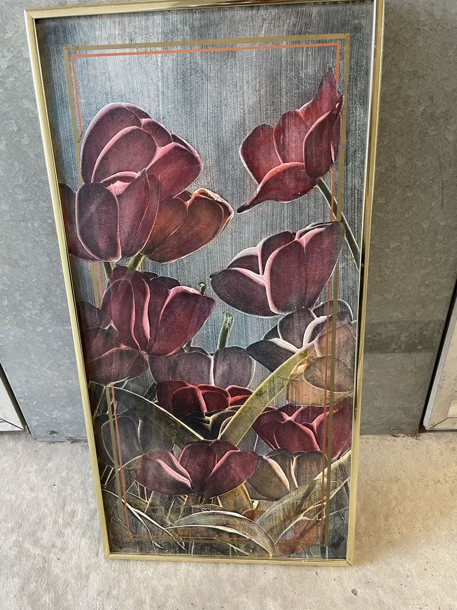 Vintage Framed Tulip Floral Art Print with Gold Tone Metal Frame