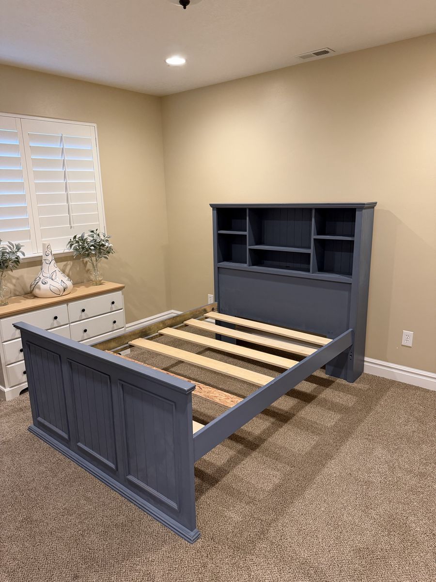 Full Size Wooden Bed Frame w/ Bookcase Headboard