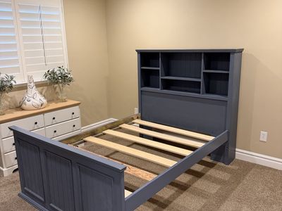 Full Size Wooden Bed Frame w/ Bookcase Headboard