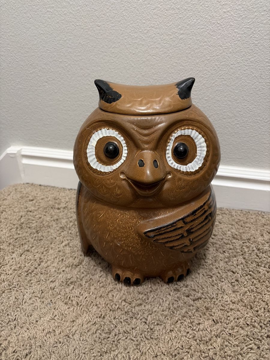 Vintage Nelson McCoy Ceramic Owl Cookie Jar - Brown, Black & White Glaze - Whimsical Kitchen Decor