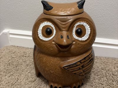 Vintage Nelson McCoy Ceramic Owl Cookie Jar - Brown, Black & White Glaze - Whimsical Kitchen Decor