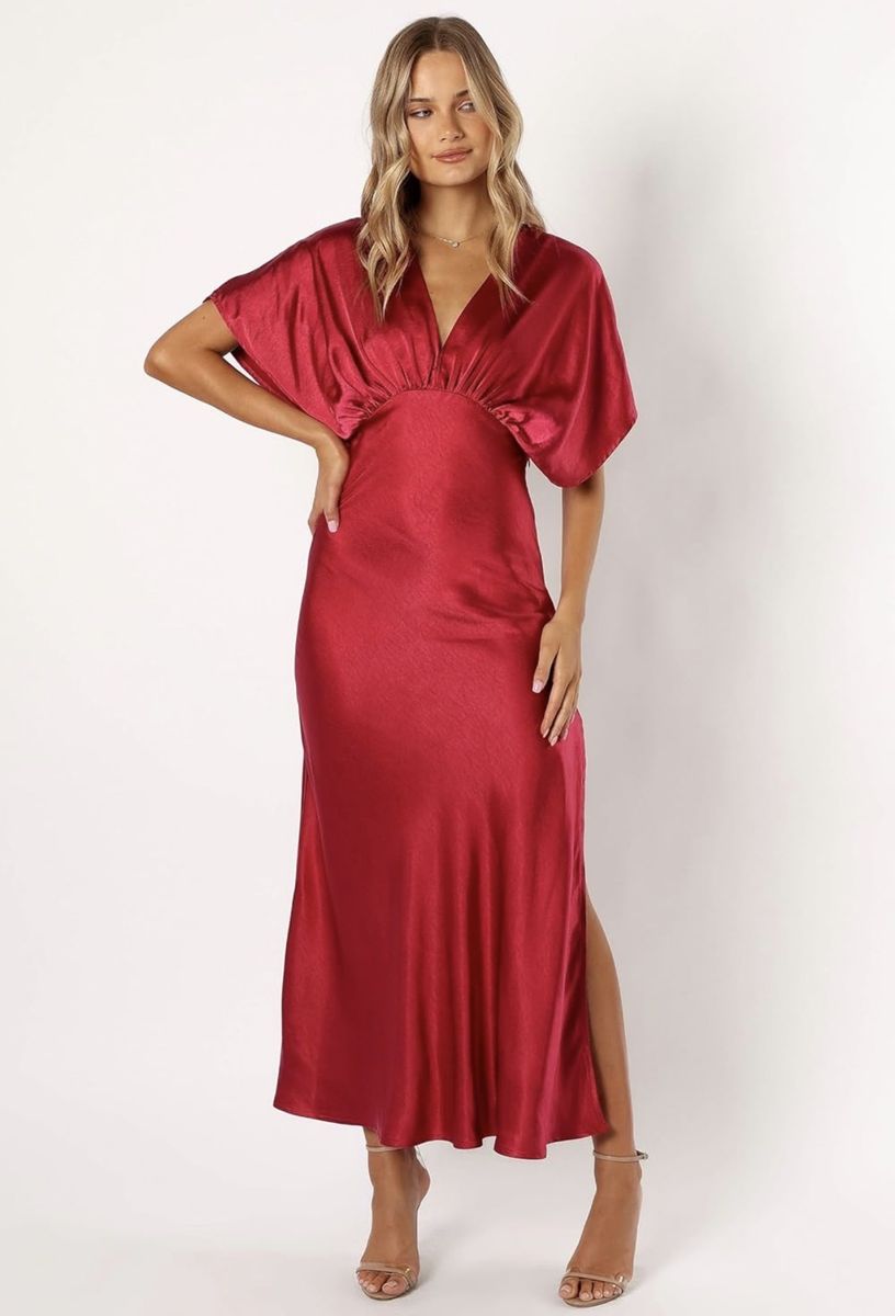 Red Satin “Petal & Pup” Maxi dress