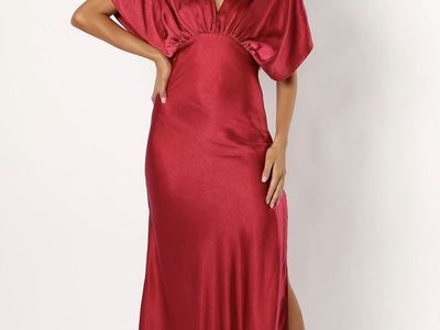 Red Satin “Petal & Pup” Maxi dress