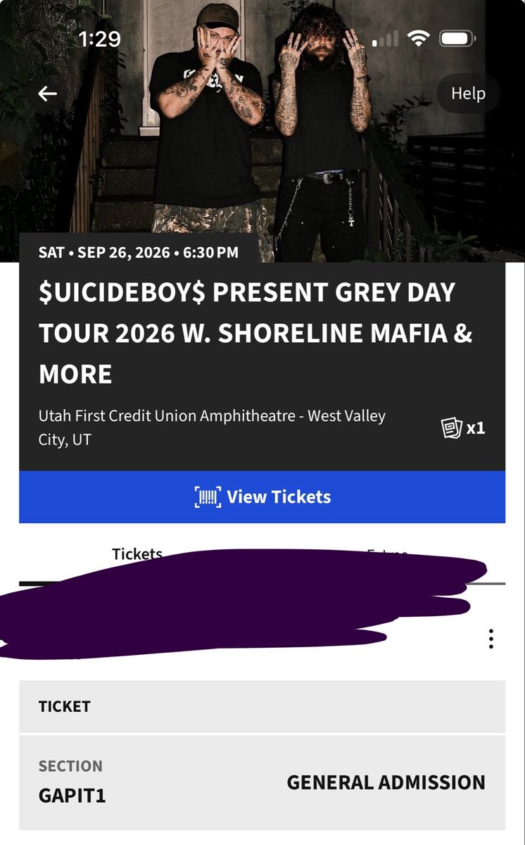 $UICIDEBOY$ Grey Day Tour 2026 - General Admission Pit Ticket - Utah Amphitheatre - Sep 26
