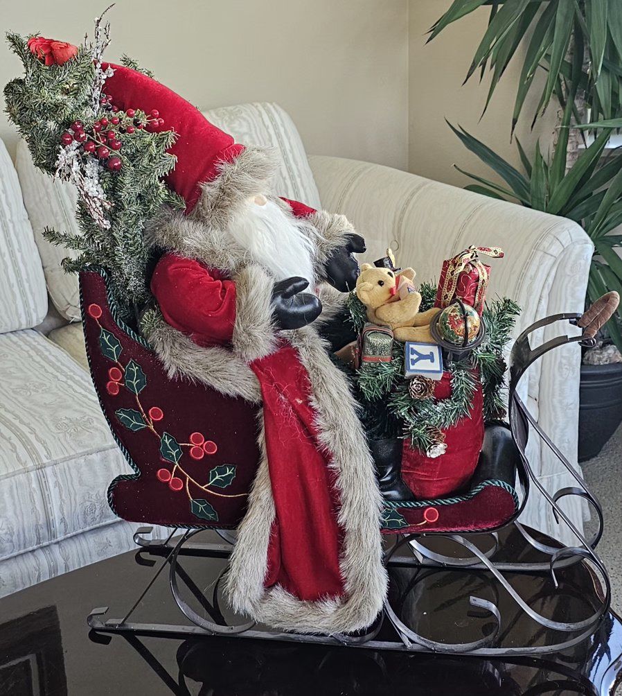 Large Santa in Metal Sleigh with Christmas Tree and Toys 27"Tx24"L