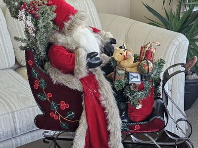 Large Santa in Metal Sleigh with Christmas Tree and Toys 27"Tx24"L