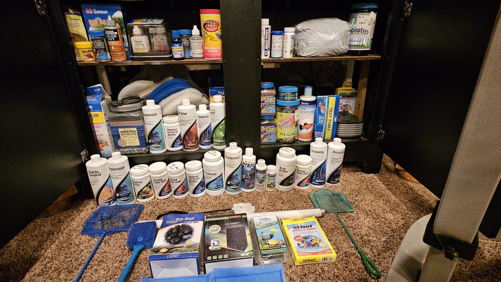 Fish tanks, stands, chemicals, minerals, salts, antibiotics, food, nets, cleaning supplies, filters, heaters, lights, air pump