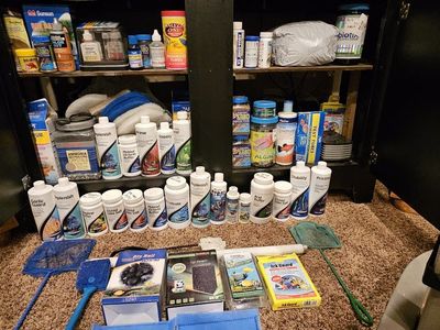 Fish tanks, stands, chemicals, minerals, salts, antibiotics, food, nets, cleaning supplies, filters, heaters, lights, air pump