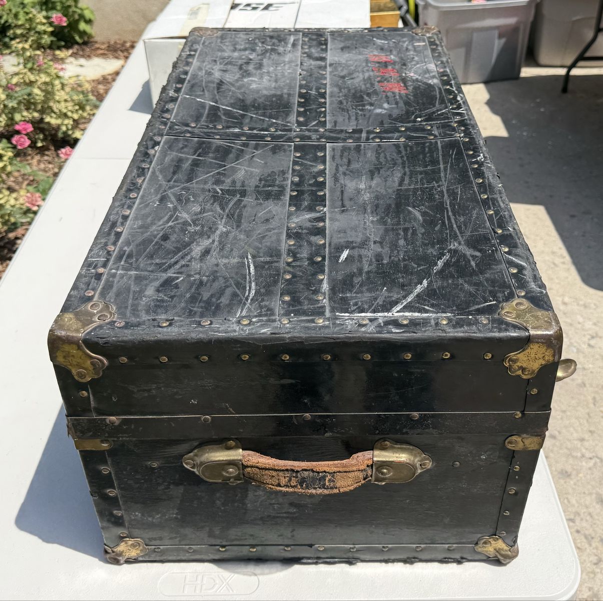 Vintage Black Steamer Trunk with Brass Hardware and Leather Handle - Antique Storage Chest