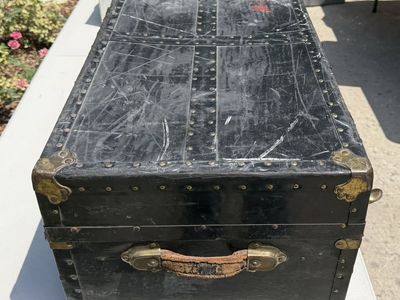 Vintage Black Steamer Trunk with Brass Hardware and Leather Handle - Antique Storage Chest