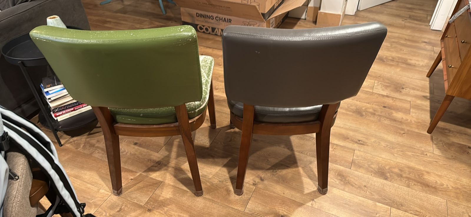Vintage Mid-Century Modern Dining Chairs - Green & Gray Faux Leather (Pair)