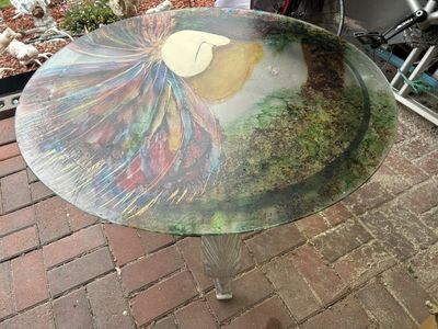 Round Iron Base Coffee Table With Painted Tempered Glass Top 40" Wide by 19" Tall