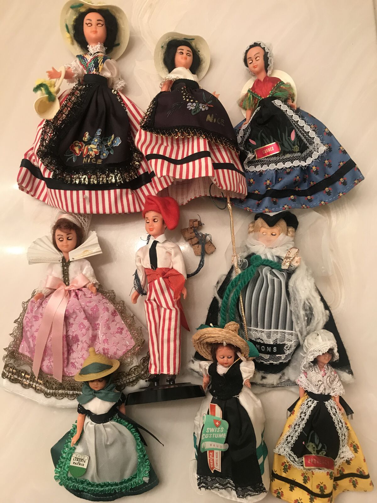 10 Provence France Swiss Doll Costume Souvenir Sleep Eyes Cannes Nice 7” European traditional outfits Vaud Liberte et Patrie