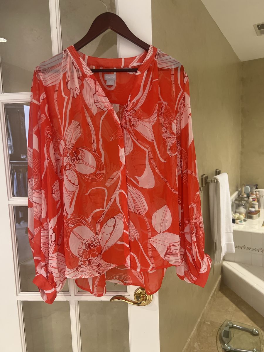 Chico's Orange & White Floral Sheer Long Sleeve Blouse Size 4 (20-22 W)