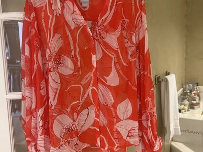 Chico's Orange & White Floral Sheer Long Sleeve Blouse Size 4 (20-22 W)