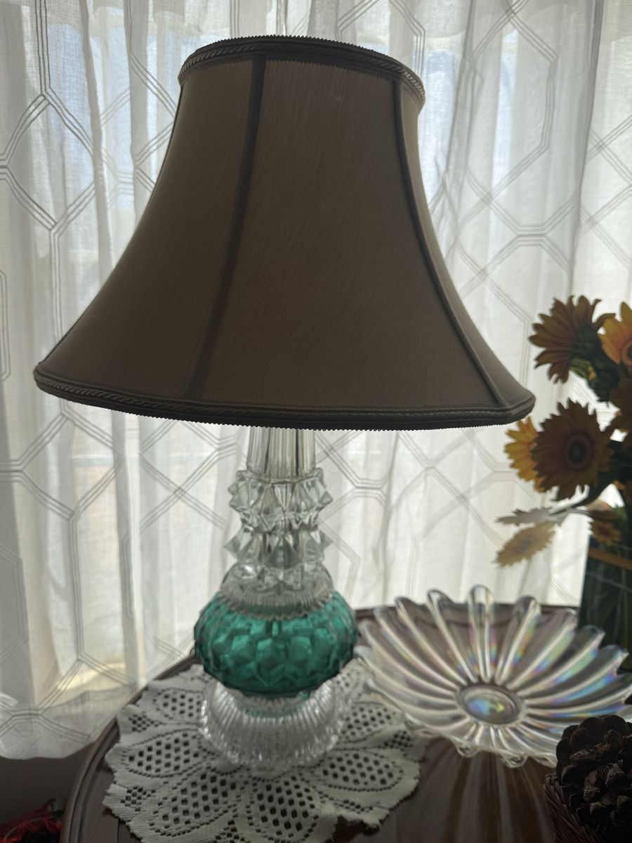 Vintage Clear & Teal Glass Table Lamp with Beige Shade, dark wood table, good lamp will take a reasonable offer
