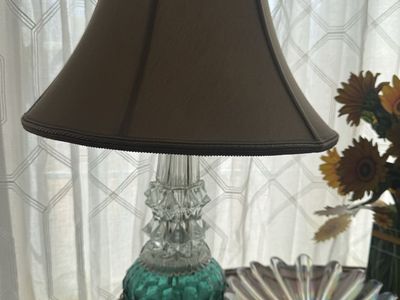 Vintage Clear & Teal Glass Table Lamp with Beige Shade, dark wood table, good lamp will take a reasonable offer