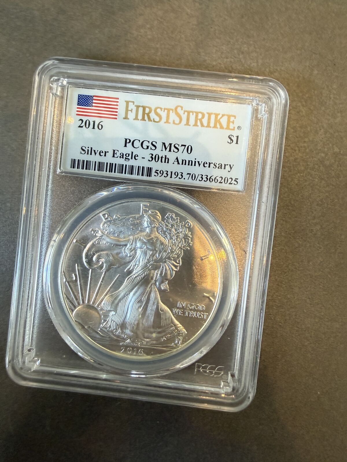 2016 $1 SILVER EAGLE PCGS MS70 FIRST STRIKE–30TH ANNIVERSARY