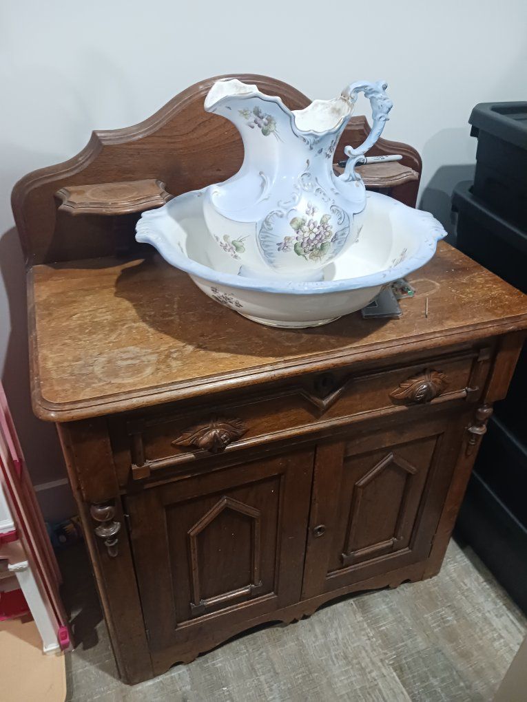 Antique Wash Stand Set with Pitcher, Bowl, and Cabinet - Decorative Floral Design