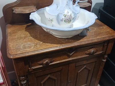 Antique Wash Stand Set with Pitcher, Bowl, and Cabinet - Decorative Floral Design