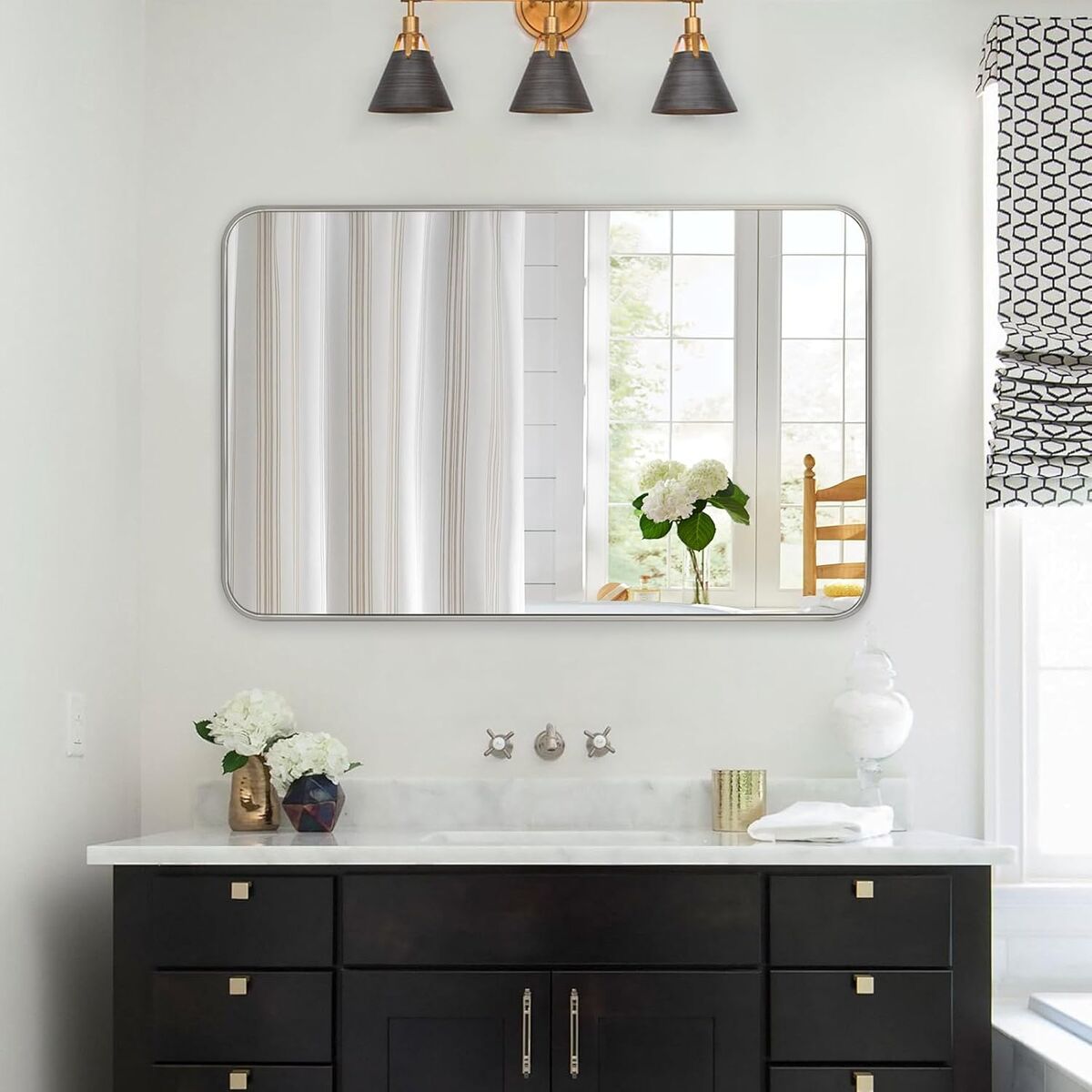 30" x 48" Brushed Nickel Metal Frame Rectangle Mirror Rounded Corners