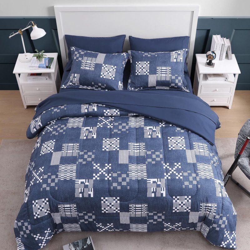 7-Piece Blue and White Patchwork Bed-in-a-Bag Comforter Set