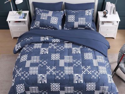 7-Piece Blue and White Patchwork Bed-in-a-Bag Comforter Set