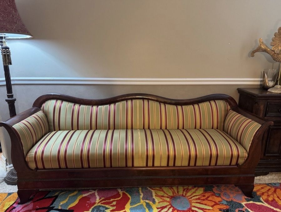 Victorian Style Wooden Sofa with Striped Upholstery - 82" Wide