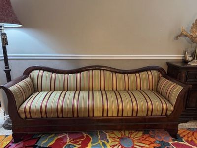 Victorian Style Wooden Sofa with Striped Upholstery - 82" Wide