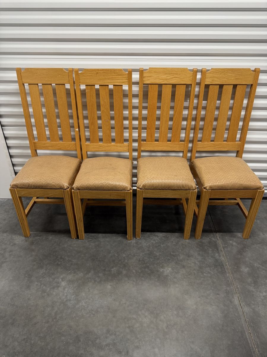Set of 4 Wooden Dining Chairs with Tan Woven Faux Leather Seats - Handmade with Excellent Craftman Skills