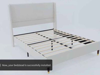 Queen Size Upholstered Bed Frame with Wooden Slats – Gray #354
