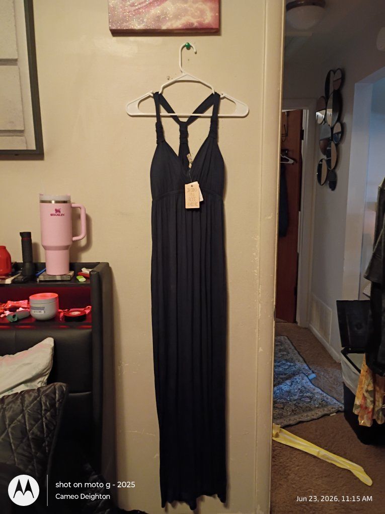 New Black Maxi Dress with Criss-Cross Back - Size Large