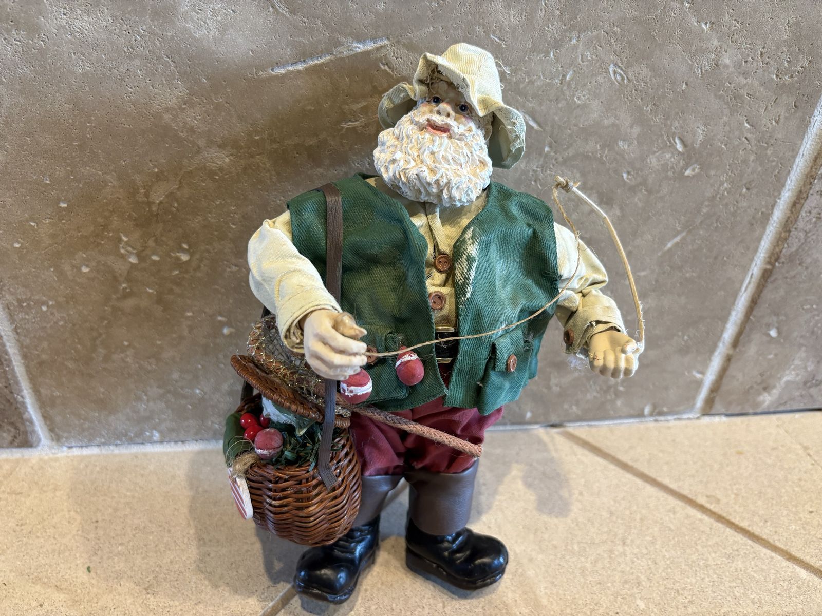 Vintage Fabric Mache Fishing Santa Claus