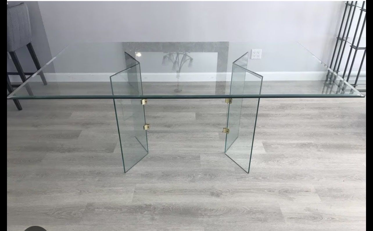 Vintage 1980s All-Glass Dining Table w/ Brass Connectors – MCM / Hollywood Regency